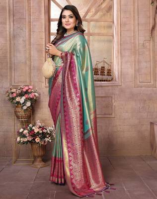 sky blue faux banarasi tissue silk blend ethnic jacquard weving ceremonial saree 4