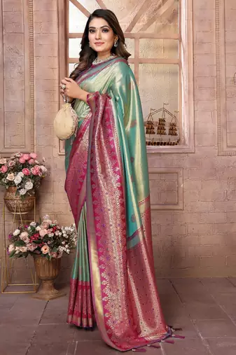 sky blue faux banarasi tissue silk blend ethnic jacquard weving ceremonial saree