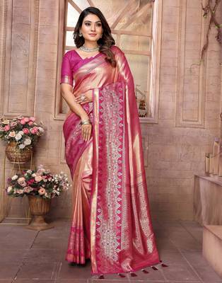 pink faux banarasi tissue silk blend ethnic jacquard weving ceremonial saree 1