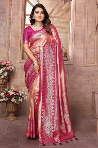 pink color banarasi tissue silk blend ethnic jacquard weving designer ceremonial saree