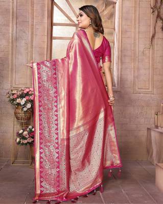 pink faux banarasi tissue silk blend ethnic jacquard weving ceremonial saree 2
