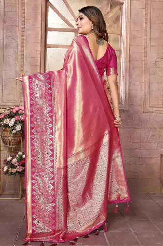 pink faux banarasi tissue silk blend ethnic jacquard weving ceremonial saree