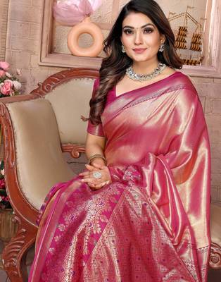 pink faux banarasi tissue silk blend ethnic jacquard weving ceremonial saree 3