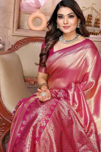 pink faux banarasi tissue silk blend ethnic jacquard weving ceremonial saree