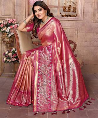 pink faux banarasi tissue silk blend ethnic jacquard weving ceremonial saree 4