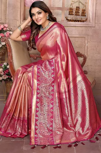 pink faux banarasi tissue silk blend ethnic jacquard weving ceremonial saree