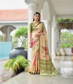 green soft pure satin silk saree with hand painted floral design & zari border