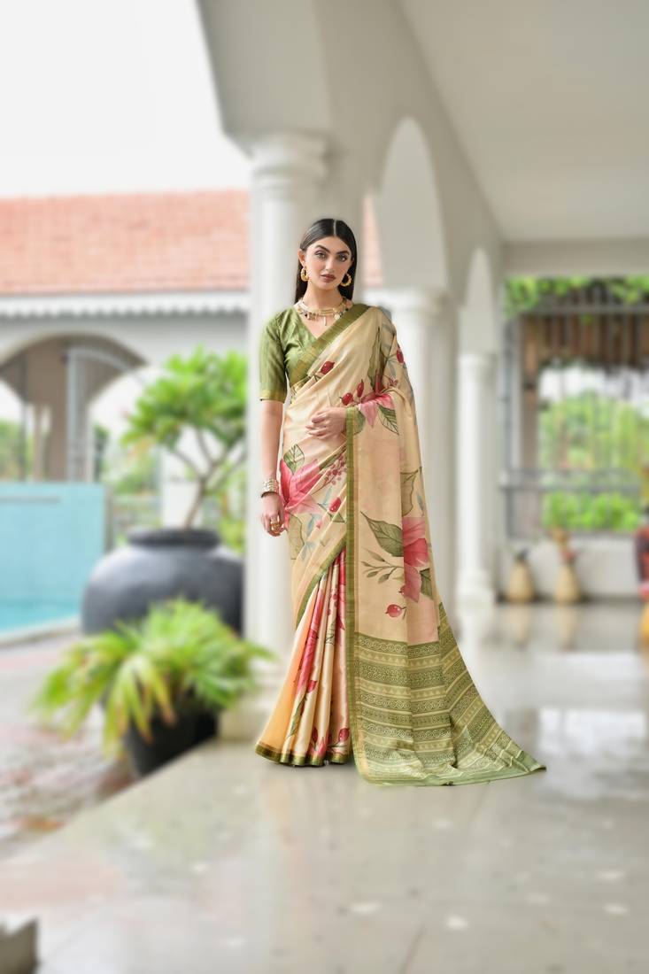 green soft pure satin silk saree with hand painted floral design & zari border
