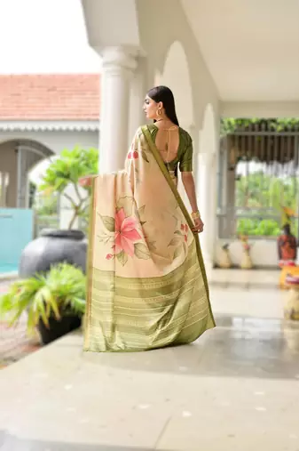 green soft pure satin silk blend saree with hand painted floral design & zari border