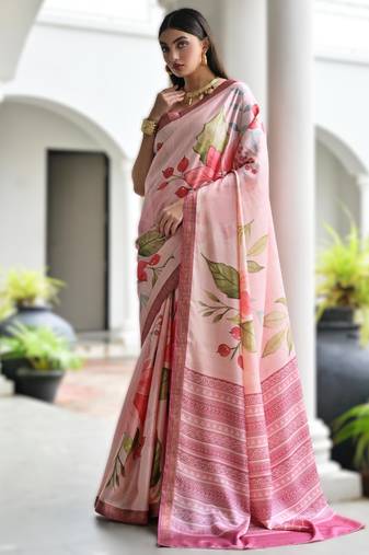 pink soft pure satin silk saree with hand painted floral design & zari border