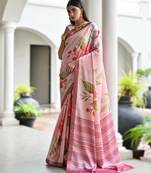 pink soft pure satin silk saree with hand painted floral design & zari border