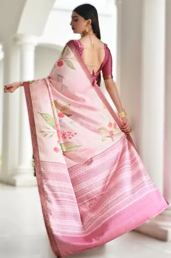 pink soft pure satin silk blend saree with hand painted floral design & zari border