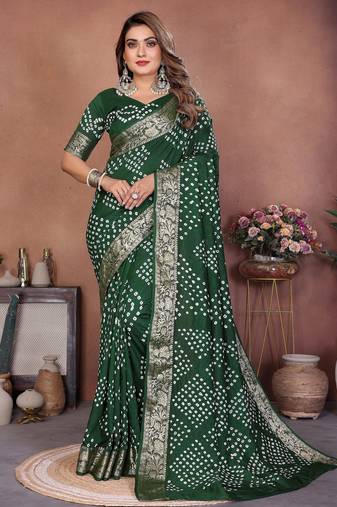 green color beautiful festive special bandhej printed traditional saree