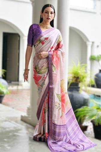 Soft pure satin silk saree with hand painted floral design & zari border