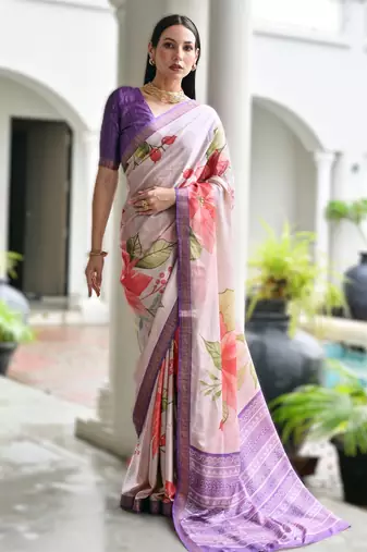 Soft pure satin silk saree with hand painted floral design & zari border