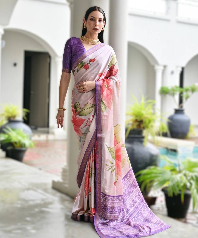 Soft pure satin silk saree with hand painted floral design & zari border