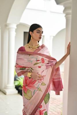 pink soft pure satin silk blend saree with hand painted floral design & zari border 3