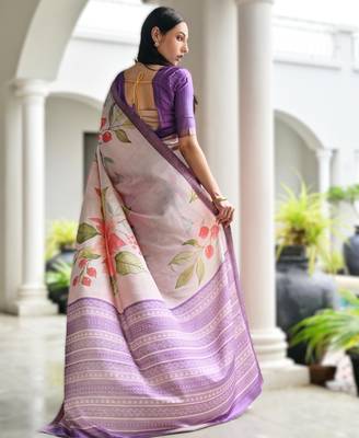 Soft pure satin silk blend saree with hand painted floral design & zari border 2