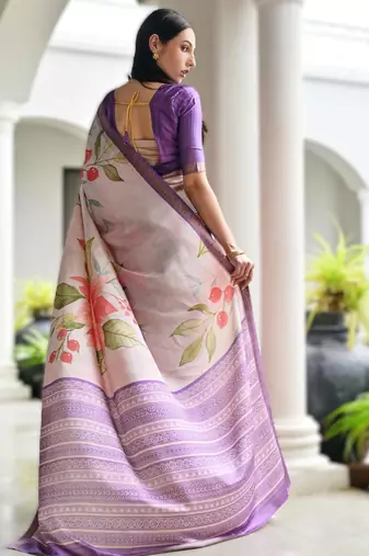 Soft pure satin silk blend saree with hand painted floral design & zari border