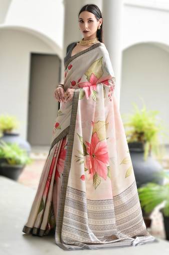 grey soft pure satin silk saree with hand painted floral design & zari border