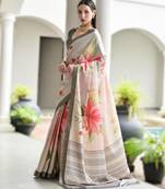 grey soft pure satin silk saree with hand painted floral design & zari border