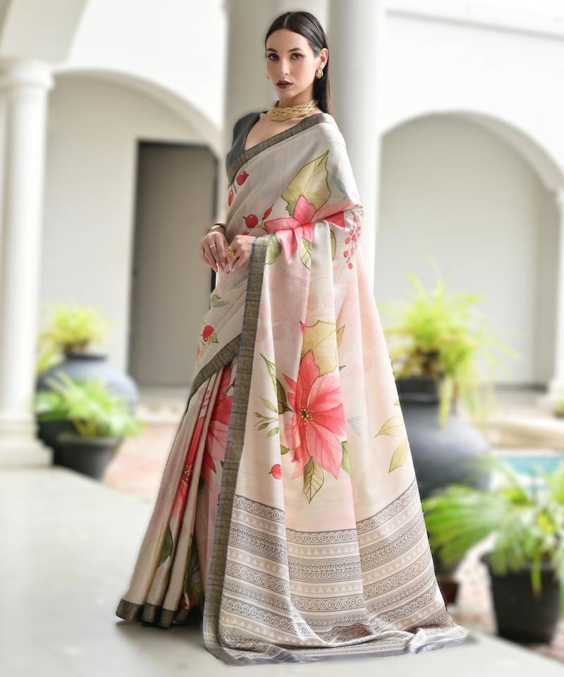 grey soft pure satin silk saree with hand painted floral design & zari border