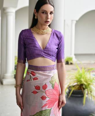 Soft pure satin silk blend saree with hand painted floral design & zari border 3