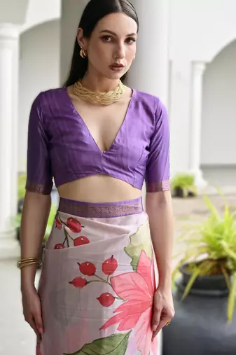 Soft pure satin silk blend saree with hand painted floral design & zari border
