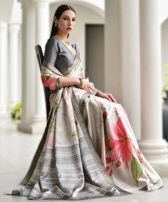 grey soft pure satin silk blend saree with hand painted floral design & zari border 2