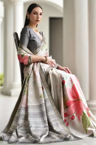 grey soft pure satin silk blend saree with hand painted floral design & zari border
