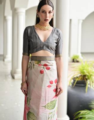 grey soft pure satin silk blend saree with hand painted floral design & zari border 3