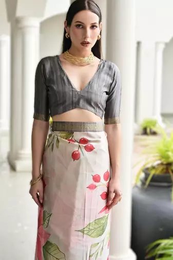 grey soft pure satin silk blend saree with hand painted floral design & zari border