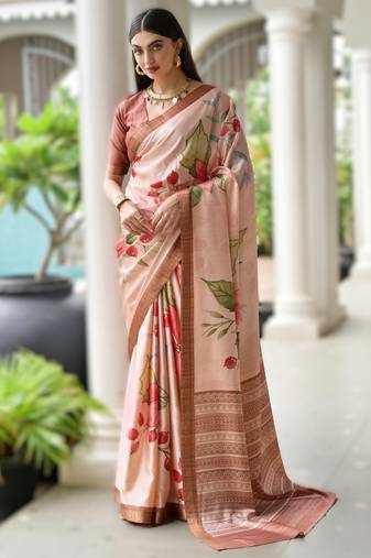 peach soft pure satin silk saree with hand painted floral design & zari border