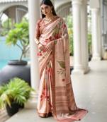 peach soft pure satin silk saree with hand painted floral design & zari border