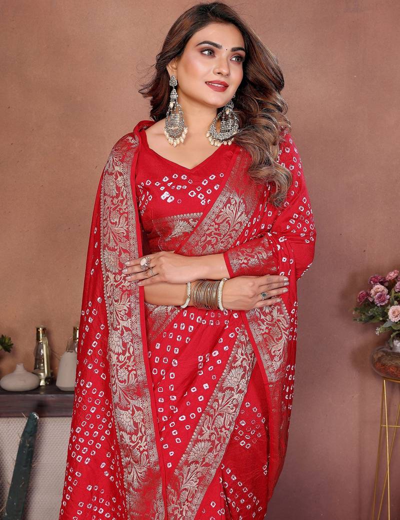 red color beautiful festive special bandhej printed traditional saree