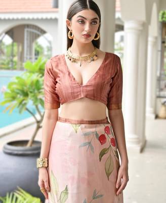 peach soft pure satin silk blend saree with hand painted floral design & zari border 3