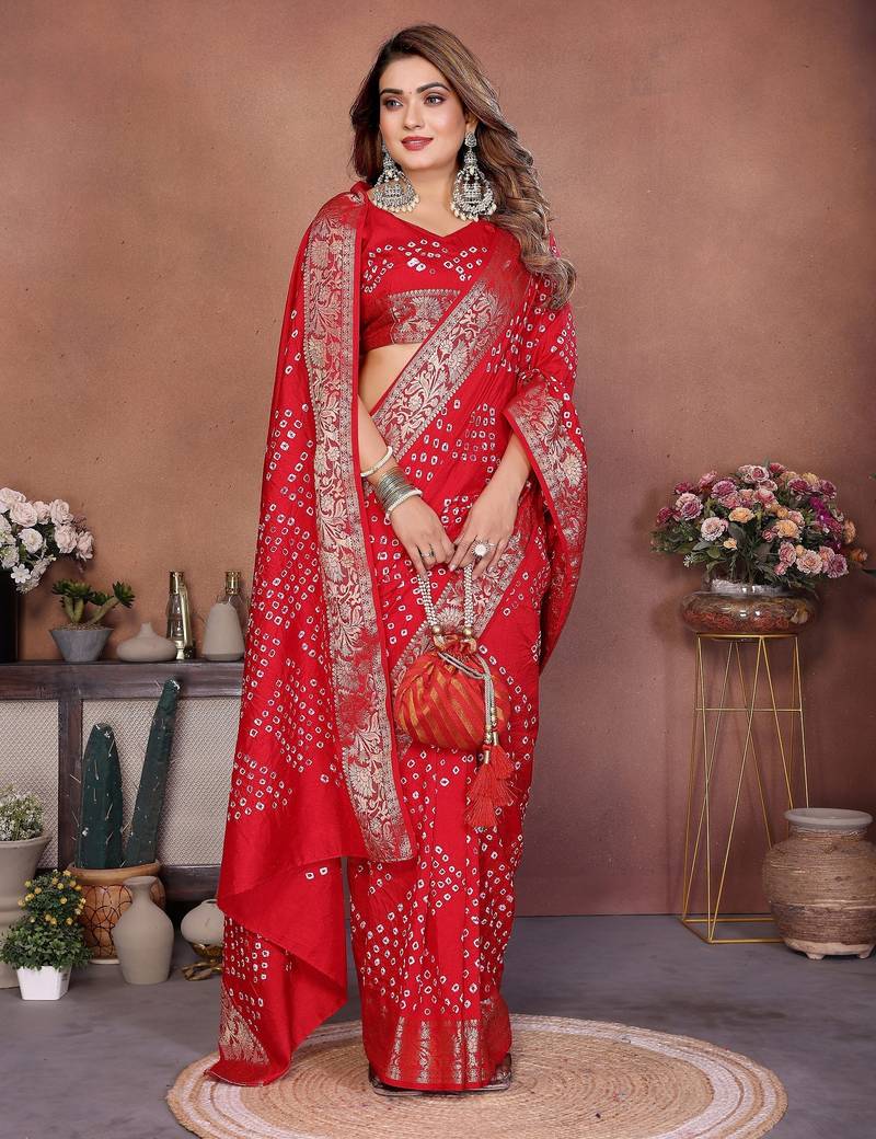 red color beautiful festive special bandhej printed traditional saree