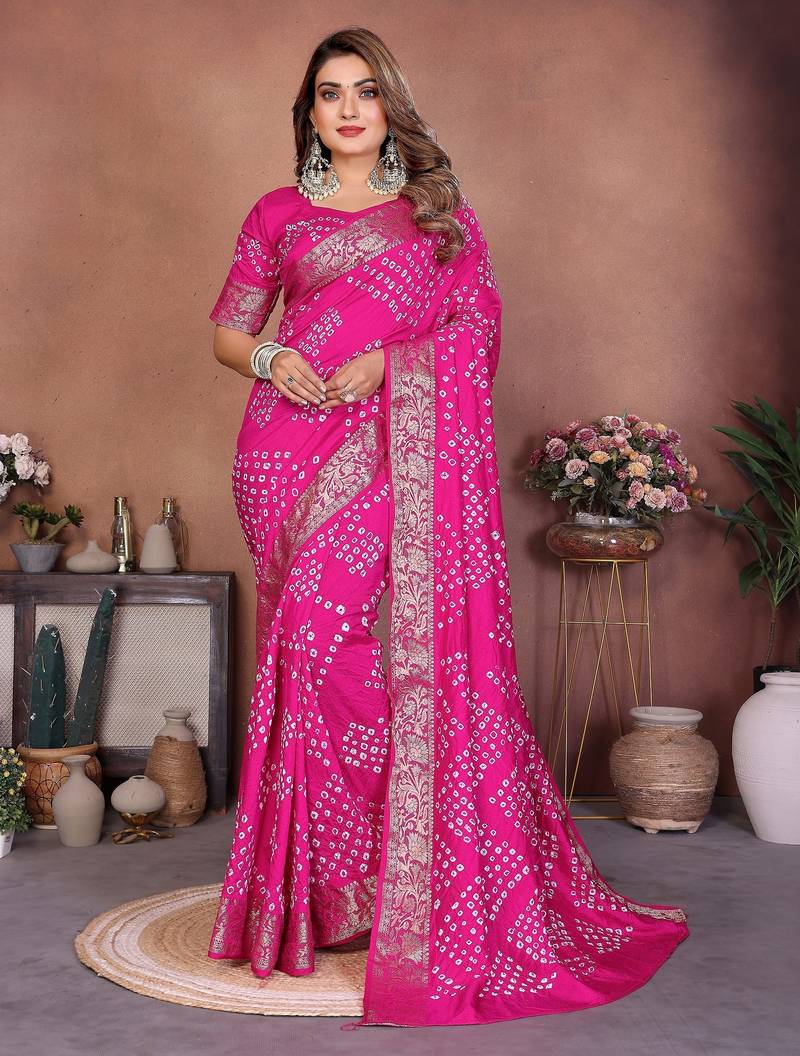 pink color beautiful festive special bandhej printed traditional saree