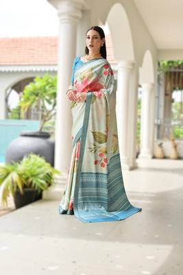 sky_blue soft pure satin silk blend saree with hand painted floral design & zari border 1