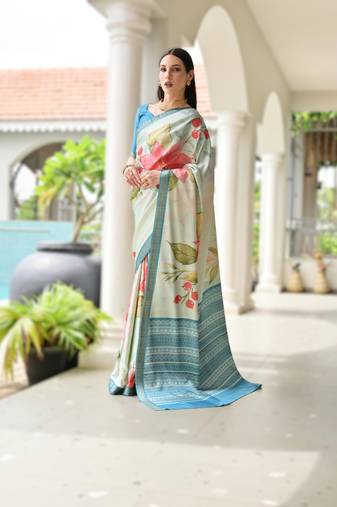 sky_blue soft pure satin silk saree with hand painted floral design & zari border