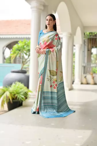 sky_blue soft pure satin silk saree with hand painted floral design & zari border