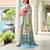 sky_blue soft pure satin silk saree with hand painted floral design & zari border