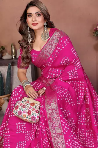pink festive special bandhej printed traditional saree