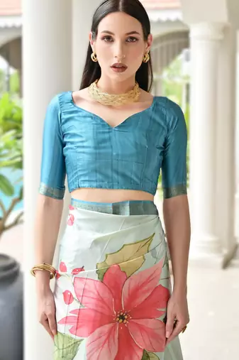 sky_blue soft pure satin silk blend saree with hand painted floral design & zari border