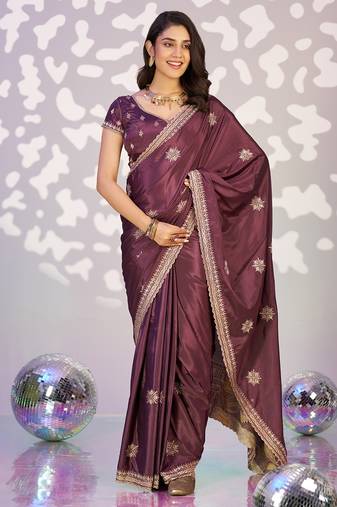 purple color crepe fabric embroidery work ready to wear saree