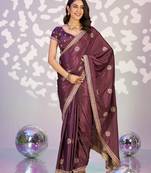 purple color crepe fabric embroidery work ready to wear saree