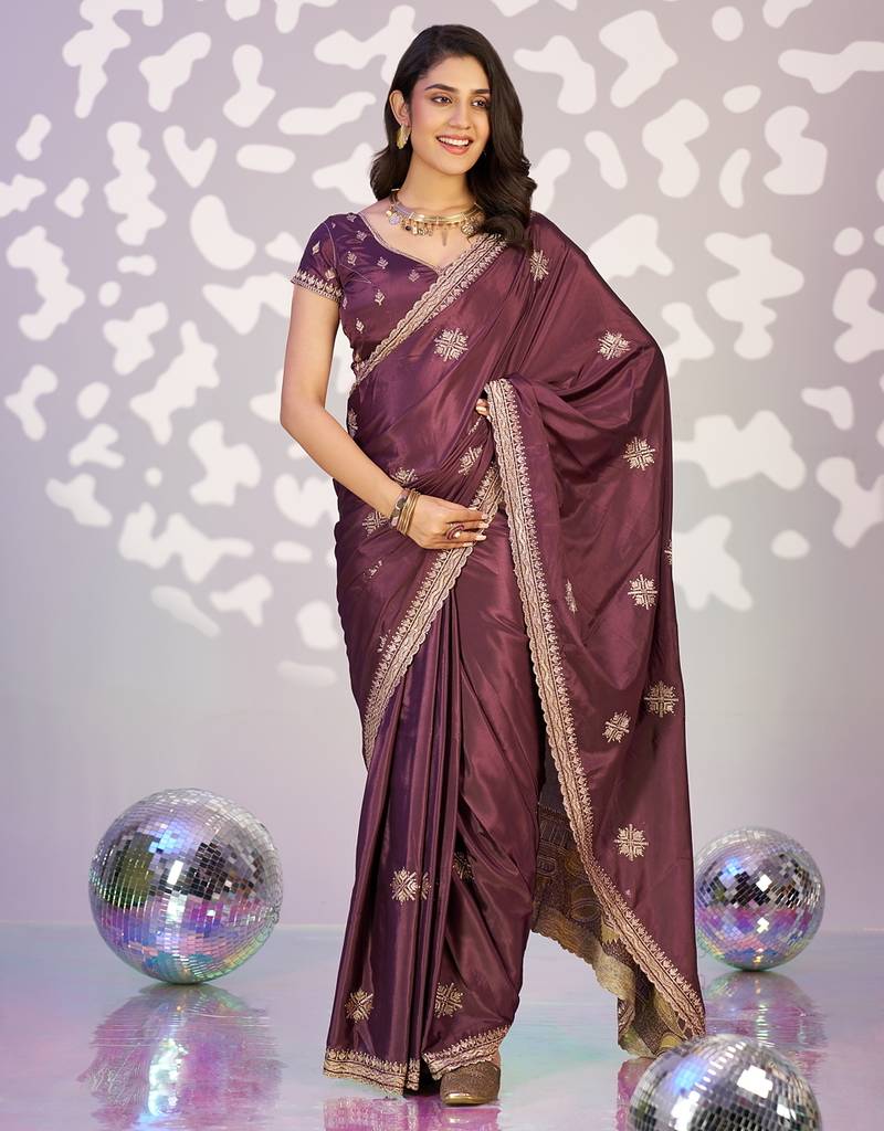 purple color crepe fabric embroidery work ready to wear saree
