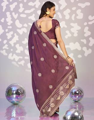 purple crepe embroidery work pre draped saree 2