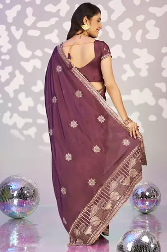 purple crepe embroidery work pre draped saree