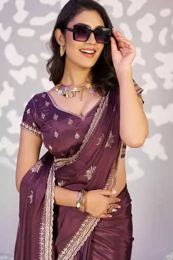 purple crepe embroidery work pre draped saree